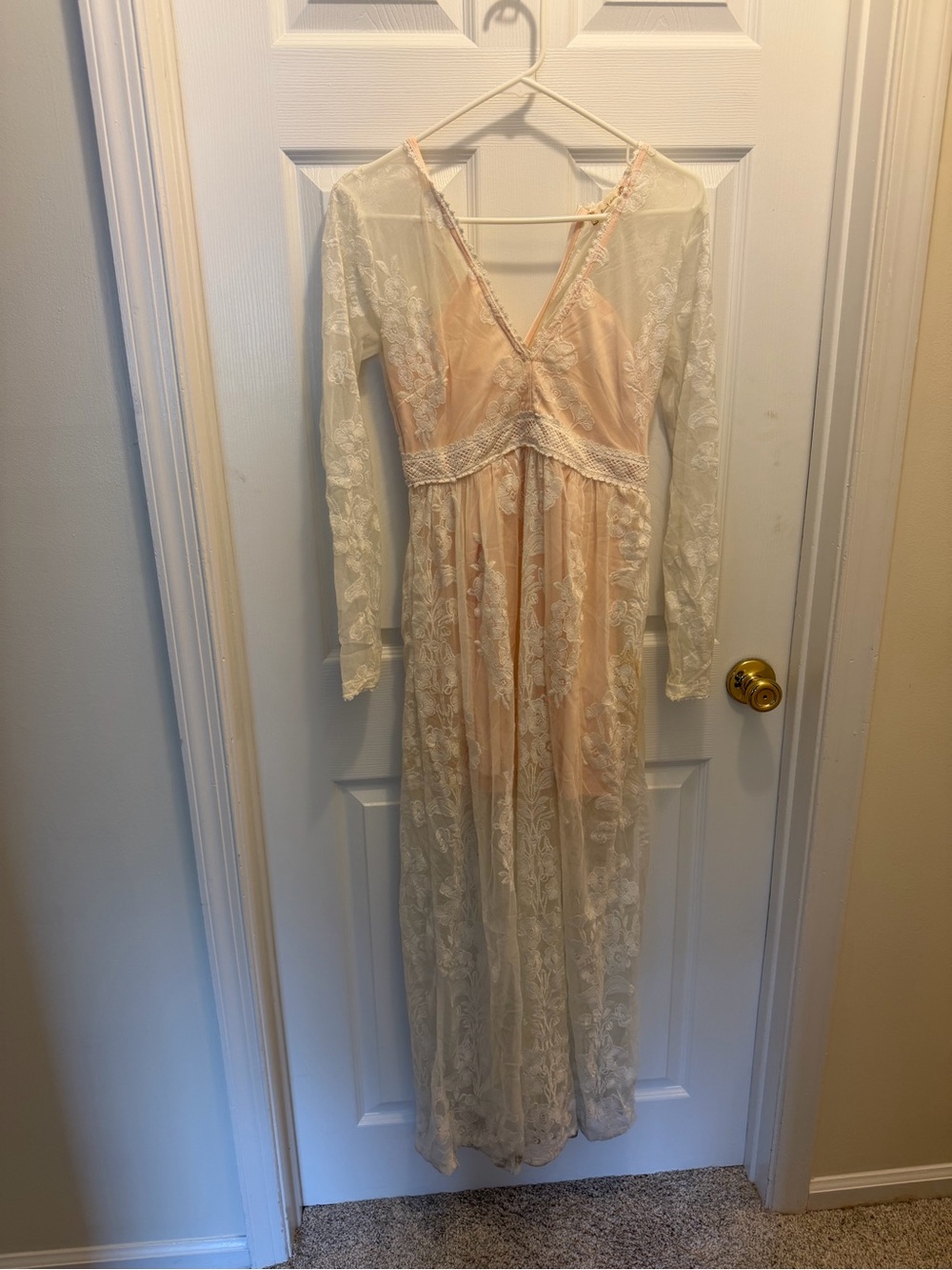 Altar'd State Cream Lace Overlay Pink Slip Maxi Dress